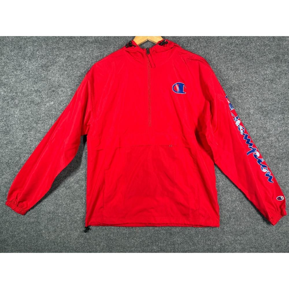 Champion Windbreaker Jacket Mens Small Red Hooded 1/4 Zip Pullover V1012